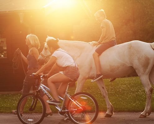 Schüler, Schülerin und Lehrerin aus dem Sportinternat Steinmühle reiten auf dem Reitgelände der Schule in Marburg, Hessen